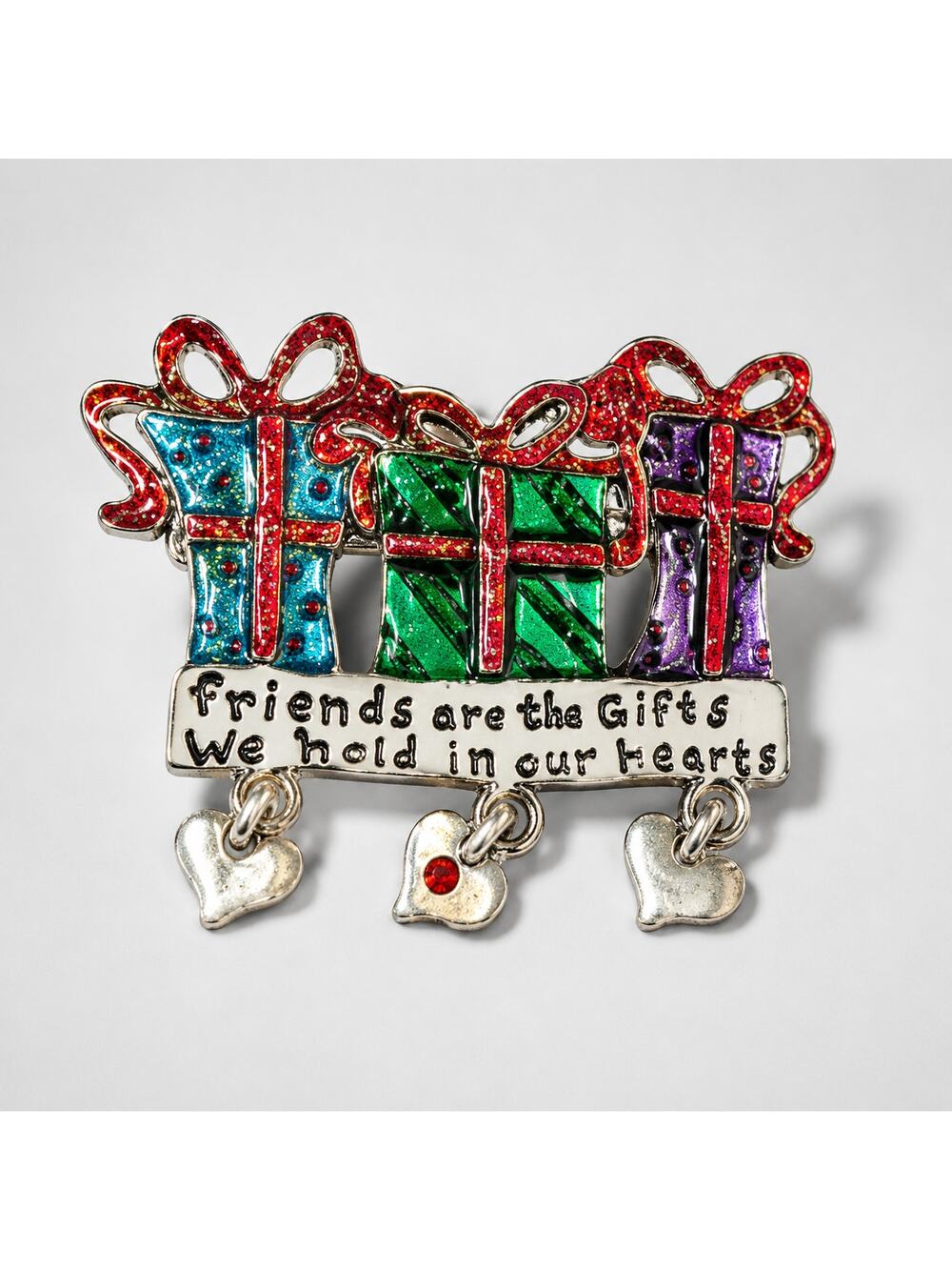 Friendship Gift Christmas Brooch Pin Heart Dangles Friends are the Gift AJMC h-